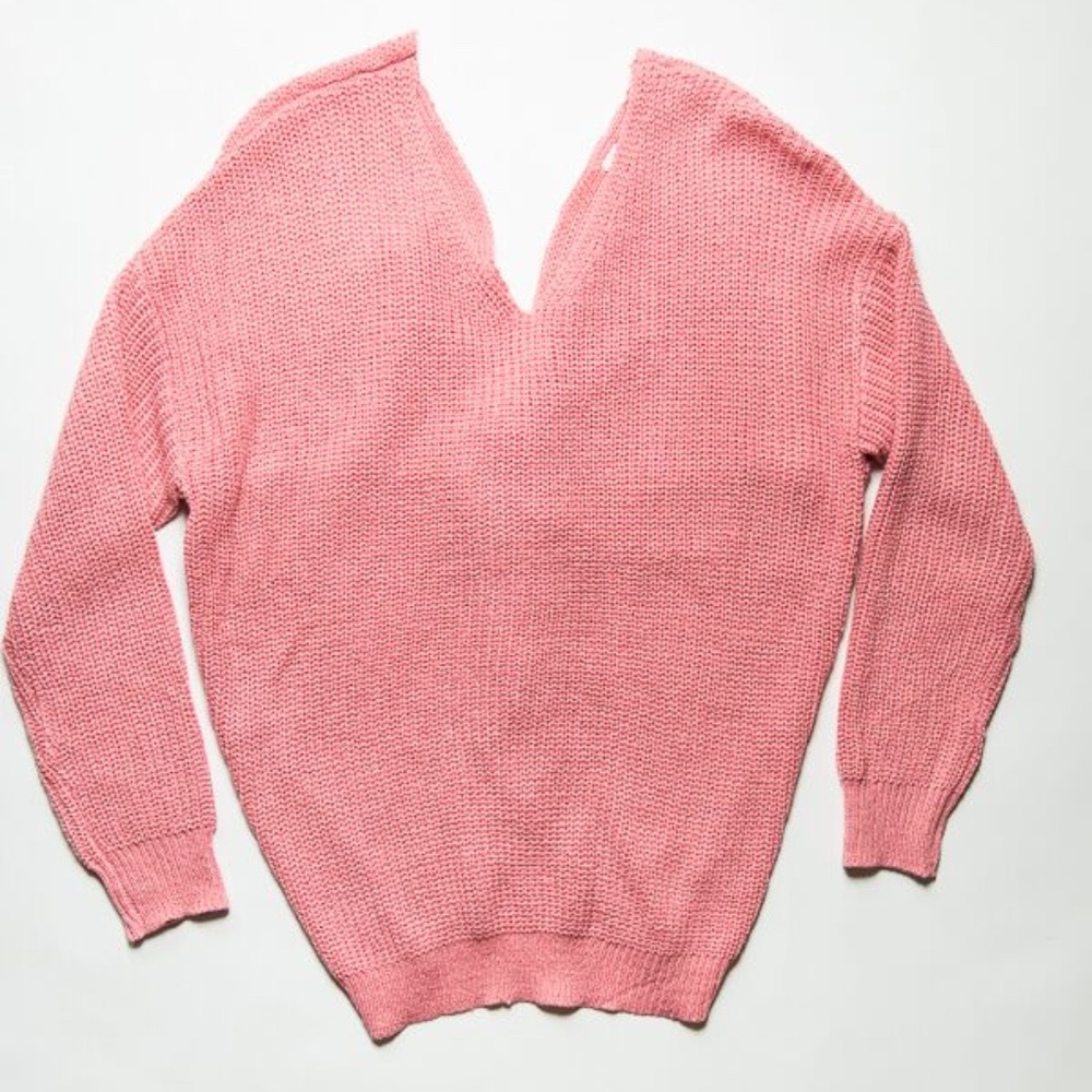 Pink Oversized Loose Fitting Back Knot Sweater